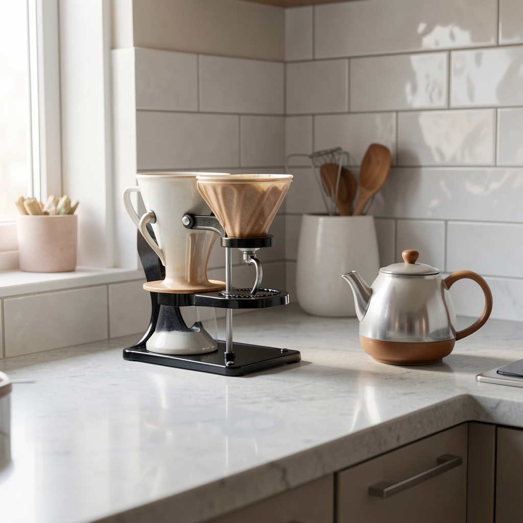 Mesa de cocina con prensa francesa, dripper de cerámica y tetera sin personas alrededor