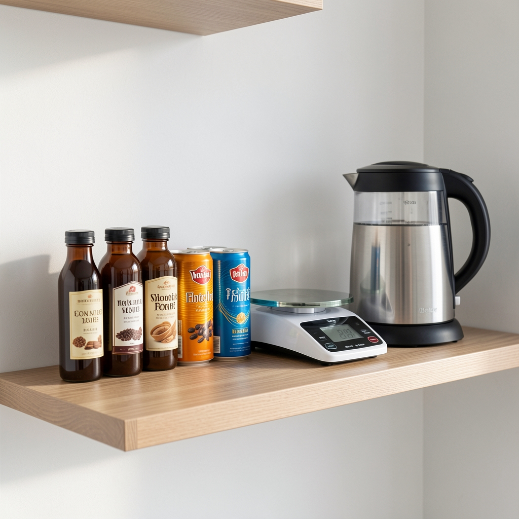 Zona doméstica ordenada con frascos de café, latas de té, balanza y hervidor sobre estante de madera
