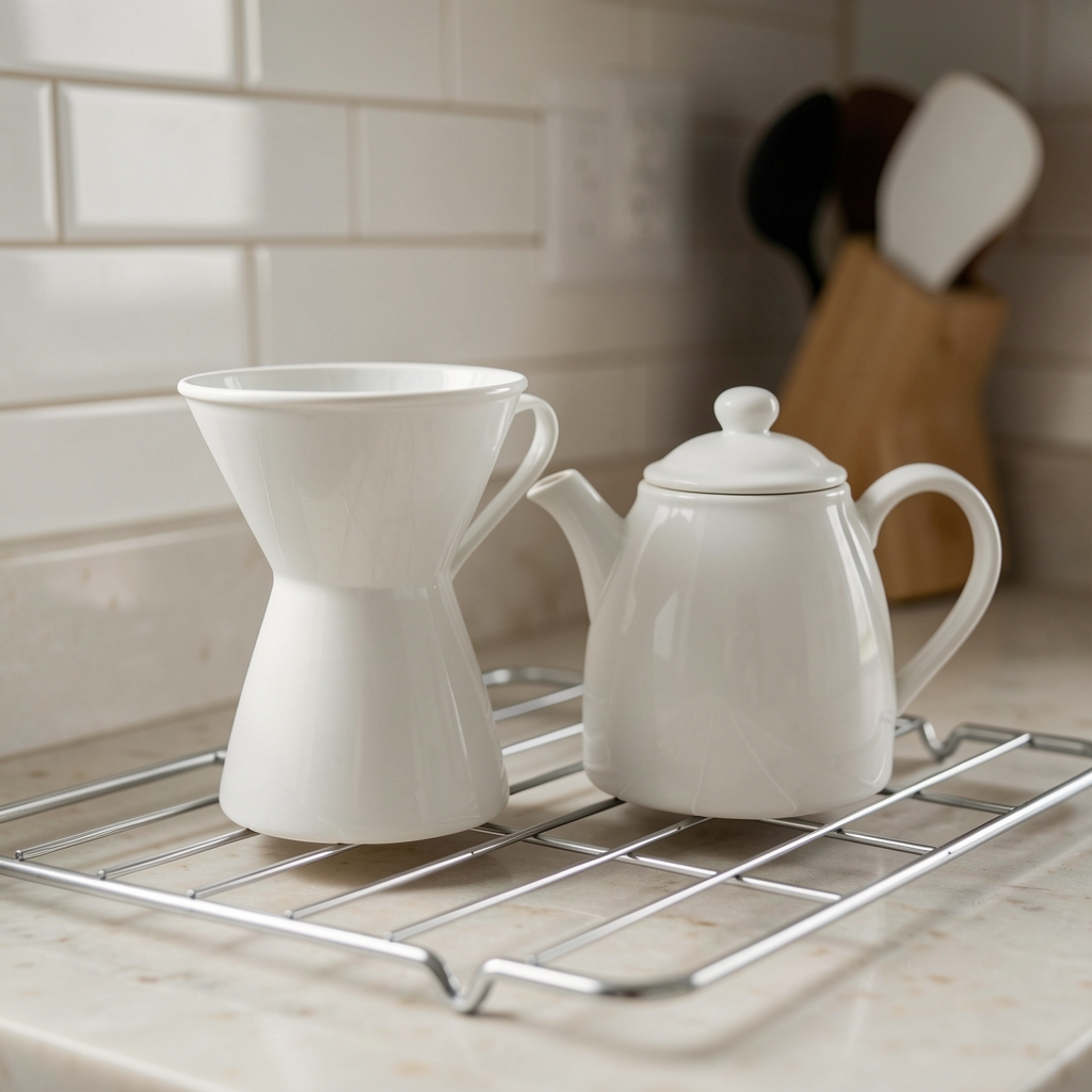 Dripper y tetera de cerámica esmaltada secándose sobre rejilla de cocina sin utensilios adicionales