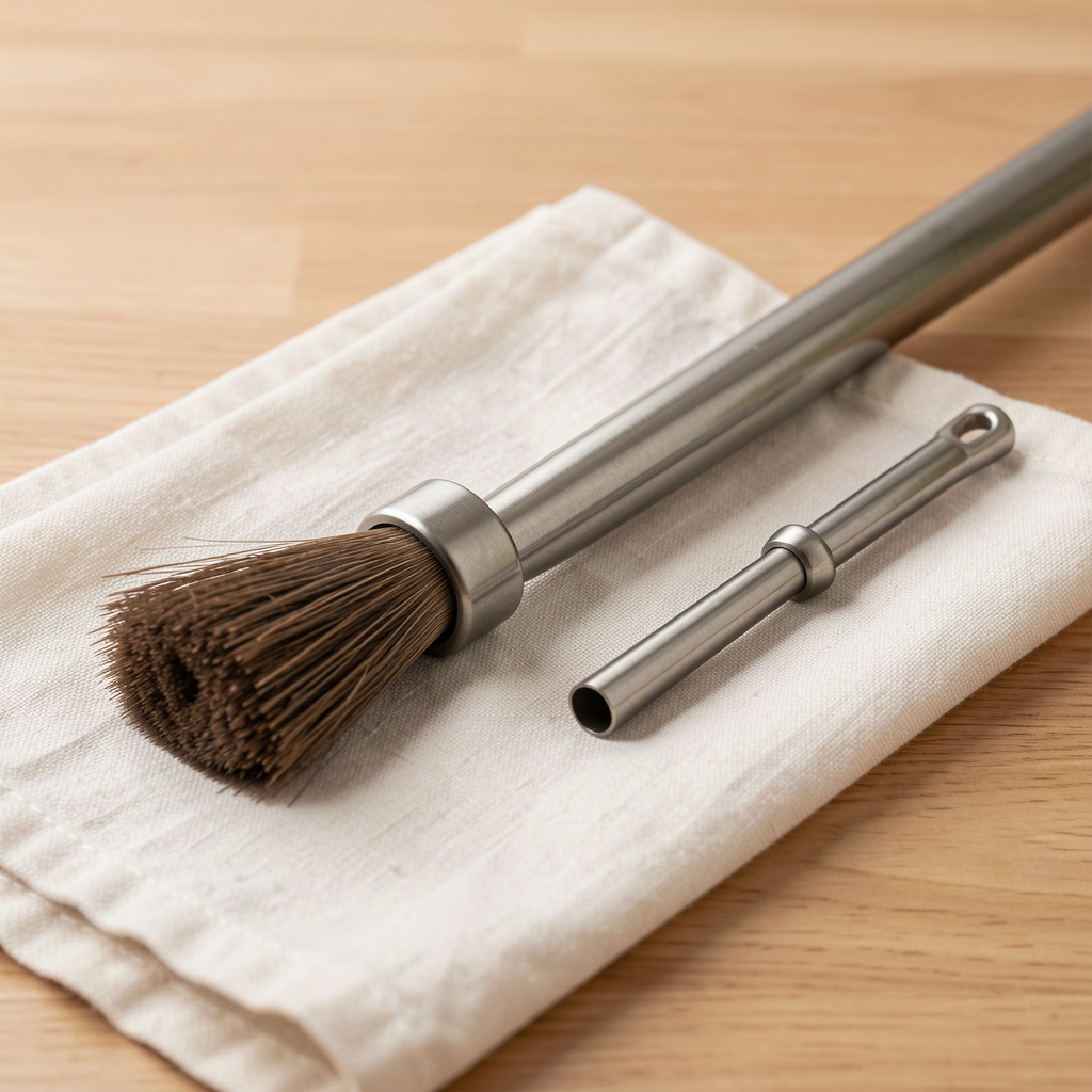 Molinillo de acero inoxidable desarmado con brocha de limpieza sobre paño de cocina claro