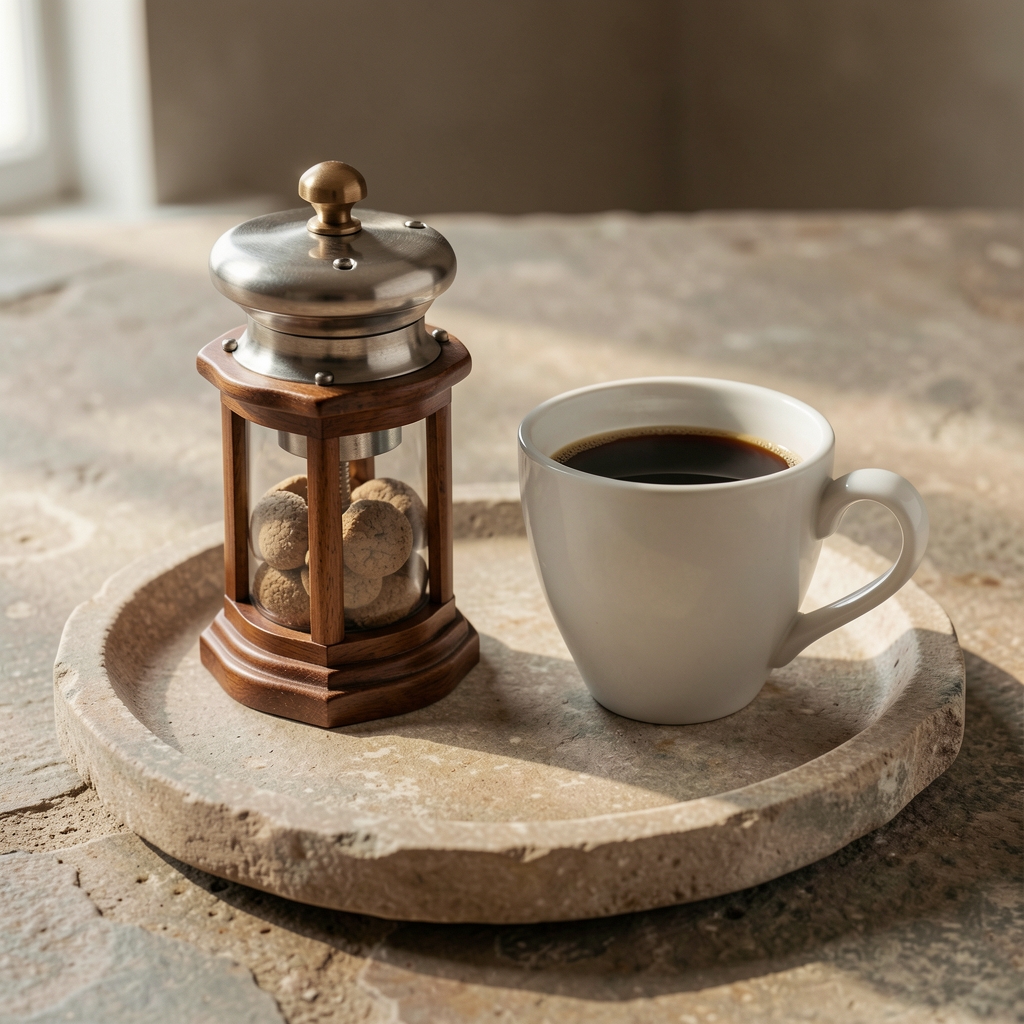 Molinillo, prensa francesa y taza de café sobre bandeja de piedra sin personas