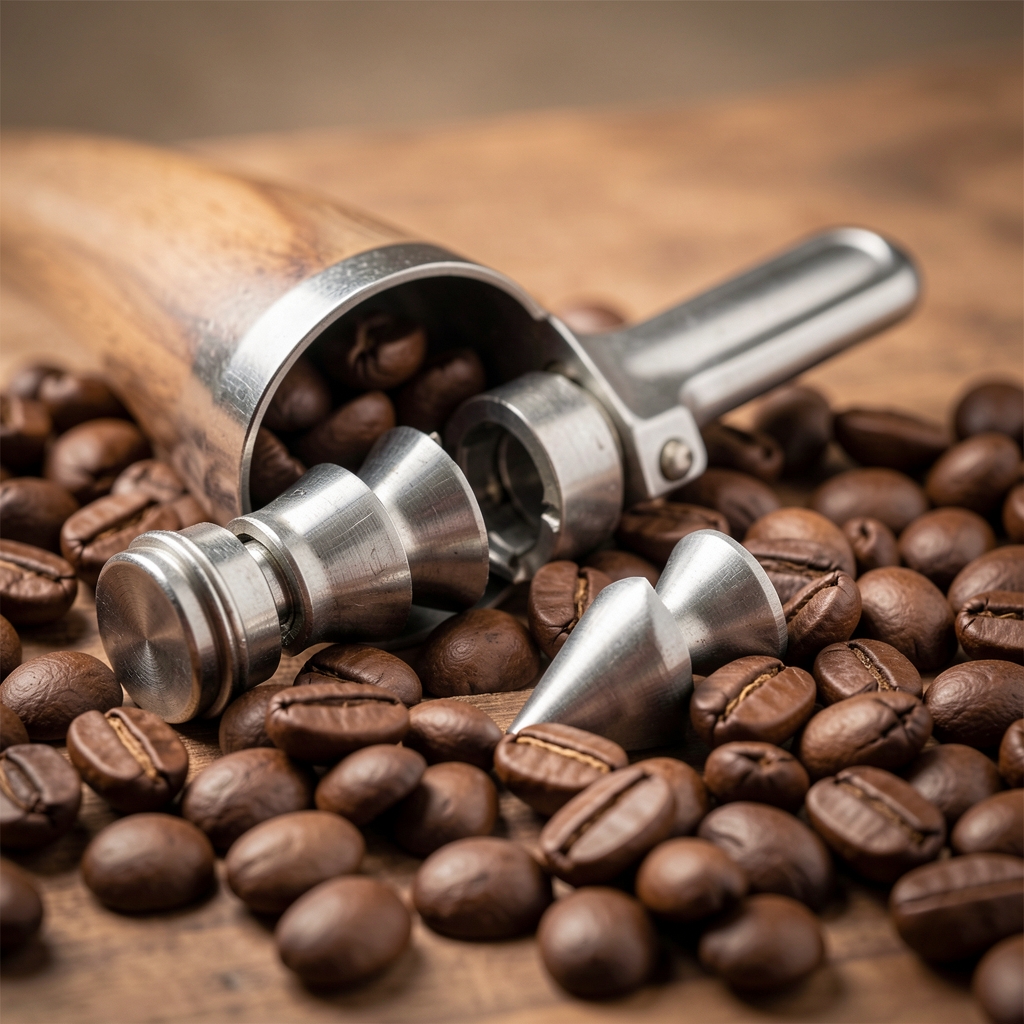 Molinillo manual desarmado mostrando muelas cónicas de acero junto a granos de café tostado