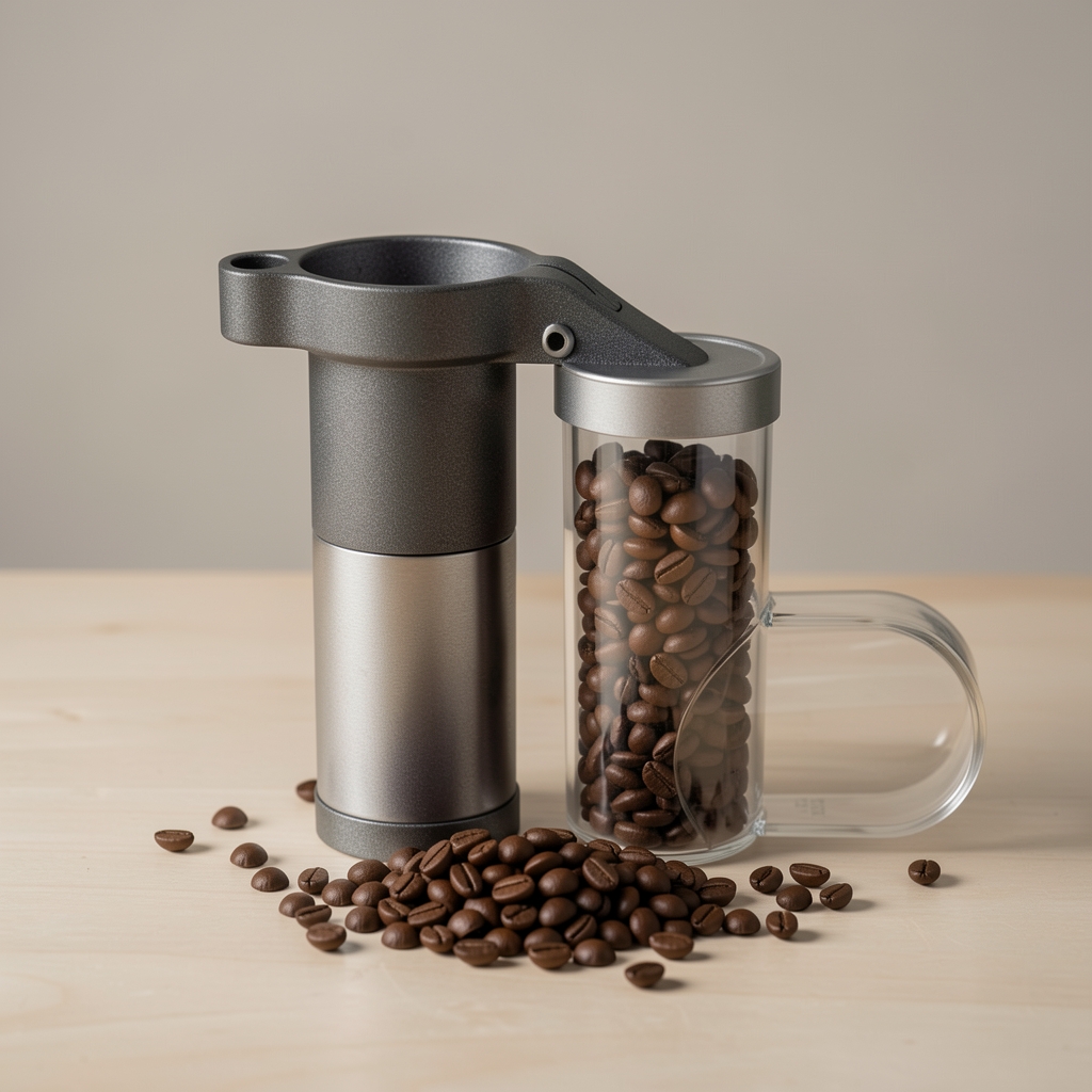 Molinillo manual de acero grafito con recipiente transparente y granos de café sobre mesa neutra