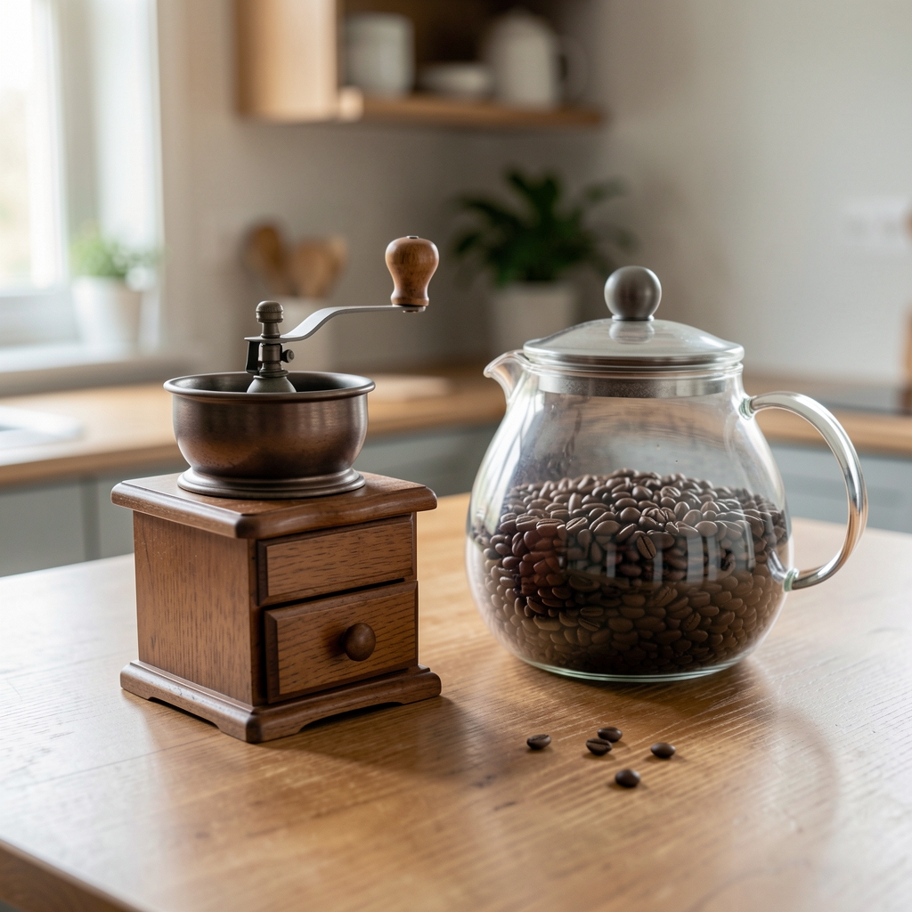 Composición de mesada con molinillo manual de café, tetera de vidrio y bolsa de granos de café sin presencia de personas