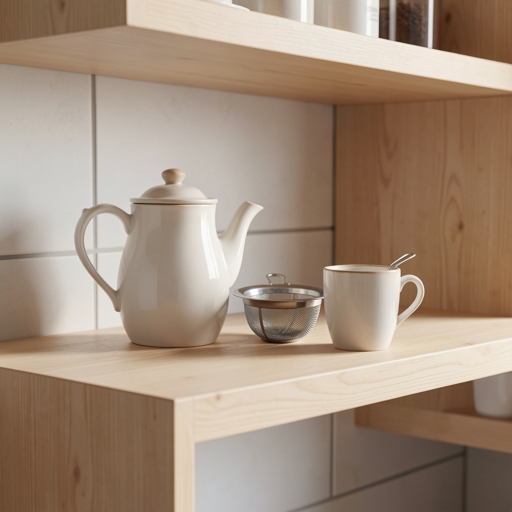 Rincón de cocina con tetera de cerámica, colador metálico y taza sobre una repisa de madera clara