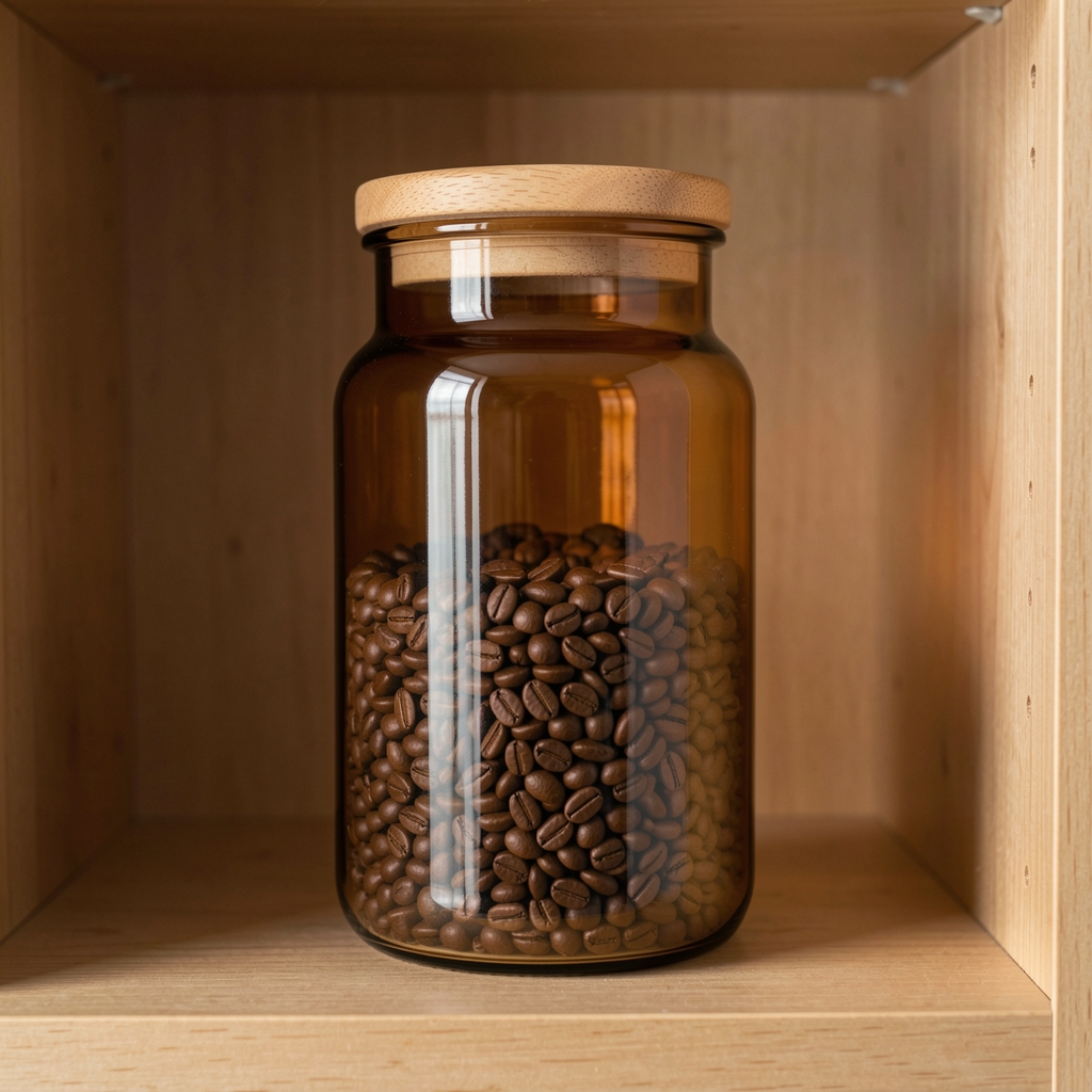 Frasco hermético de vidrio ámbar con tapa de madera para guardar granos de café en una alacena