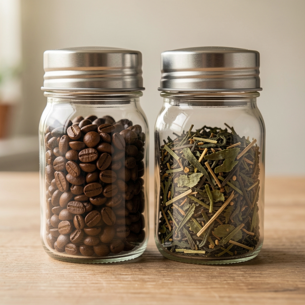 Dos frascos de vidrio con tapa hermética de acero y sello de goma, uno con granos de café y otro con hojas de té
