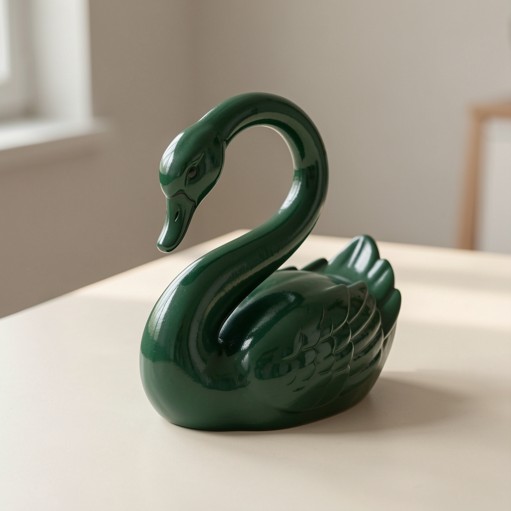 Tetera de cuello de cisne en acero pintado verde bosque con asa de tacto seguro sobre mesa clara