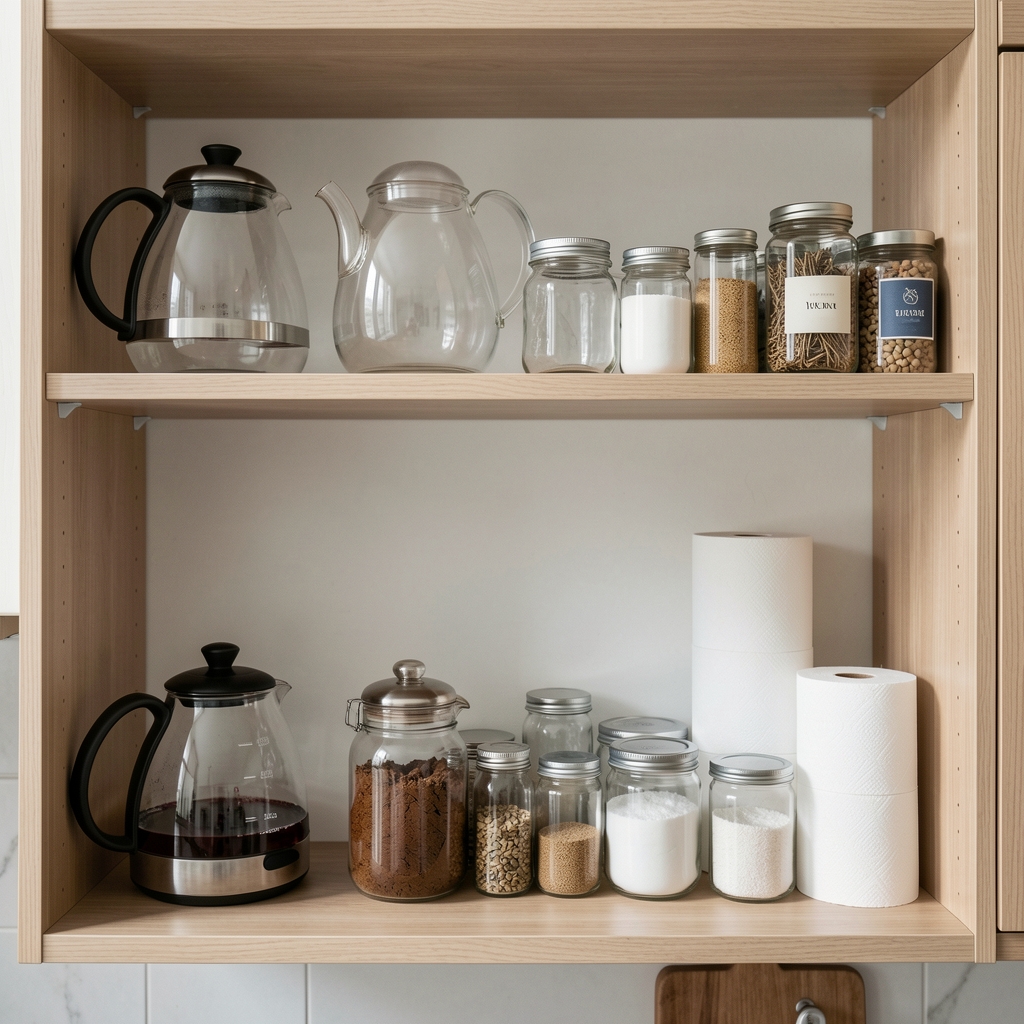 Estantería de cocina con teteras de vidrio, frascos herméticos y filtros de papel ordenados sin presencia de personas