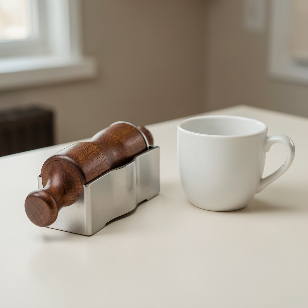 Molinillo manual de café de acero y madera apoyado sobre una mesada clara junto a una taza vacía