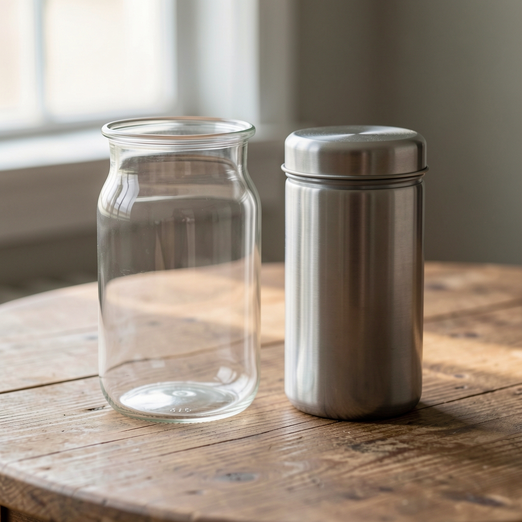 Jarra de vidrio borosilicato transparente junto a frasco hermético con tapa metálica sobre mesa de madera