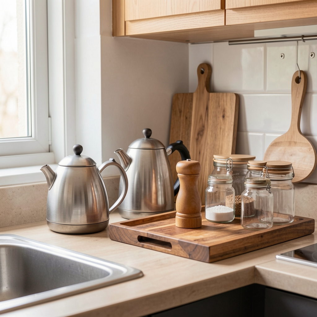 Rincón de cocina con molinillo, tetera, frascos de vidrio y bandeja de madera ordenados como estación de preparación