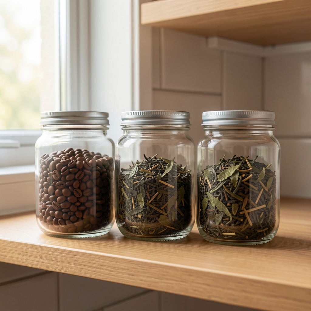 Frascos herméticos de vidrio con café en grano y hojas de té ordenados sobre una repisa de cocina