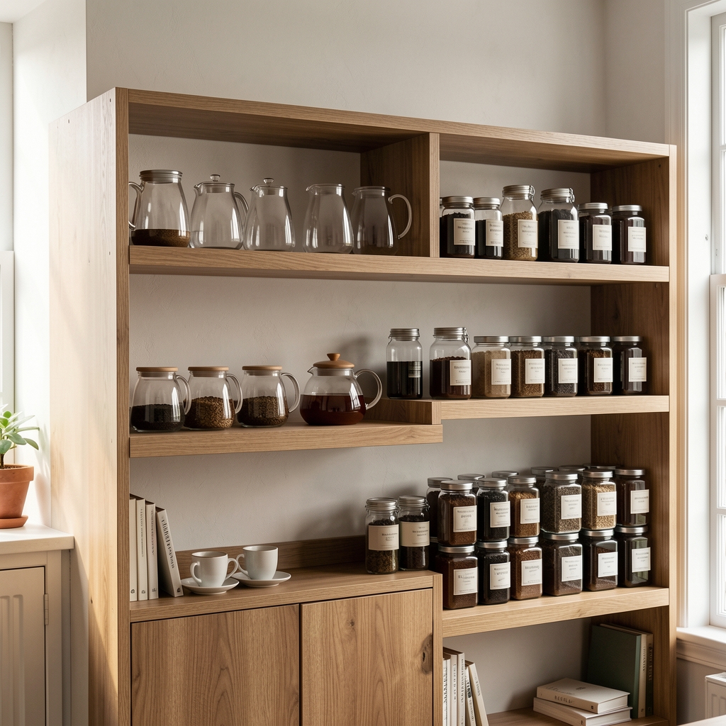 Espacio de trabajo con estanterías de madera, teteras de vidrio y frascos de café ordenados sin presencia de personas