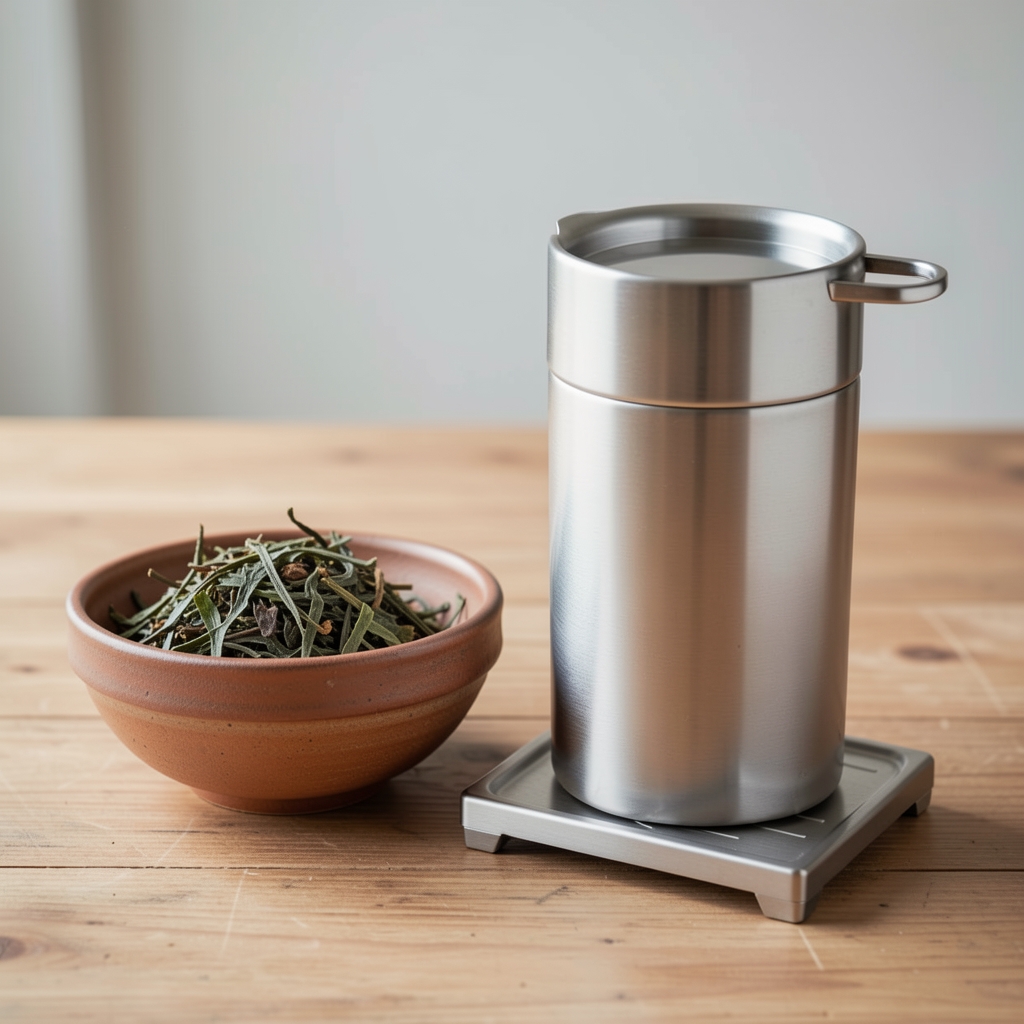 Infusor de té de acero inoxidable con bandeja de apoyo junto a hojas secas en cuenco cerámico