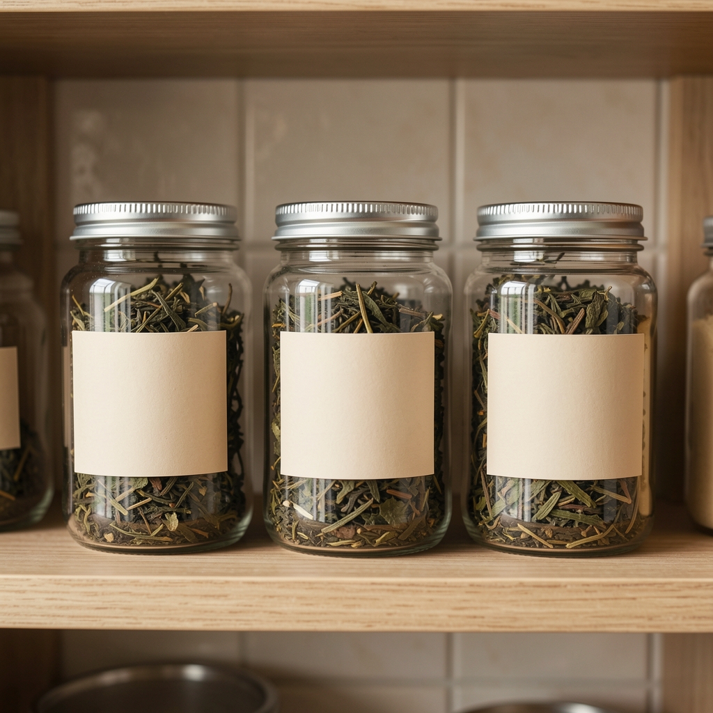 Frascos de vidrio herméticos con hojas de té secas y etiquetas neutras sobre un estante de cocina