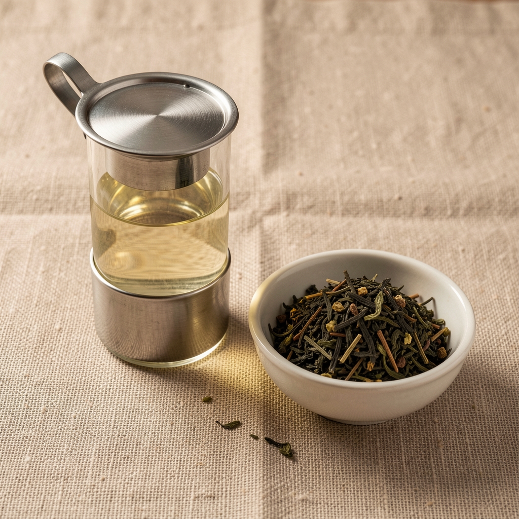 Tetera de vidrio, infusor metálico y cuenco con hojas de té secas sobre lino natural sin personas